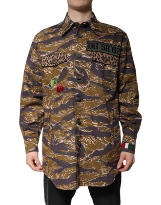 Dolce & Gabbana Mens Brown Leopard Cotton Collared Coat Jacket Clothing