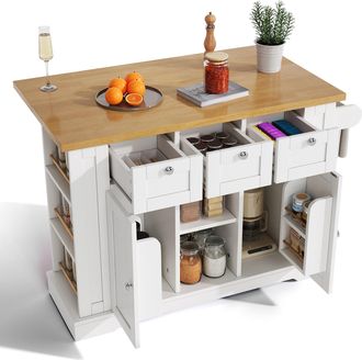 STILVORA Carro De Cocina Con 3 Cajones, 2 Puertas, Encimera Abatible, Enchufe Y Usb, 5 Ruedas, Mdf, Blanco Natural