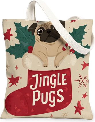 Generic Christmas Dog Canvas Tote Bags, Cute Pug Holiday Design Reusable Grocery Bags, Winter Vintage Fun Lightweight Washable Shou, Beige, 13x15 Inch