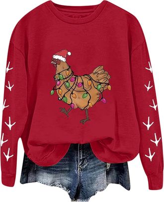Generic Womens Christmas Sweatshirts Funny Chickens Graphic Print Xmas Jumper Casual Long Sleeve Crew Neck Pullover Oversized Dressy Trendy Sweater Ladies Win