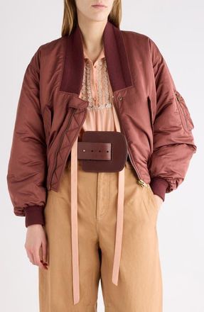 Chlo&eacute; Oversize Techniacal Satin Bomber Jacket in Wildwood Brown at Nordstrom, Size 36