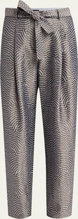 Giorgio Armani Animalier Silk Jacquard Straight-Leg Paperbag Trousers