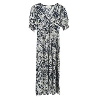 BA&SH Ba & Sh Calla Abstract-Print Midi Tiered Dress Navy Blue Viscose