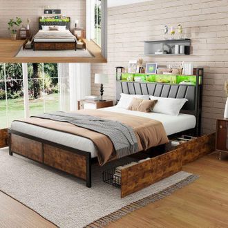 OEM Cama 180x200 - Negro - 4 Cajones - Cabecera Led Rgb - 2 Usb + 2 Enchufes