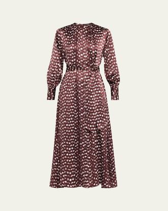 Kiton Long-Sleeve Abstract-Print Silk Belted Maxi Dress
