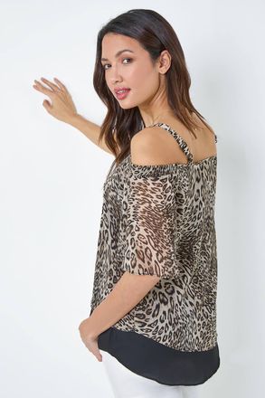 Roman Cold Shoulder Animal Print Chiffon Top