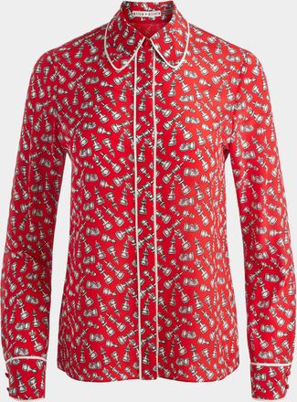 Alice & Olivia Willa Placket Top w/ Piping Detail, Queening