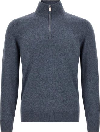 Brunello Cucinelli Blue Solid Mock Collar Sweater