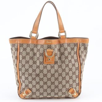Gucci Brown Leather Canvas Handbag Tote Bag (Pre-Owned)
