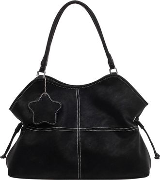Generic Women Girls PU Leather Single Shoulder Handbag Solid Color Shoulder Bag for School Work Daily Use-Black