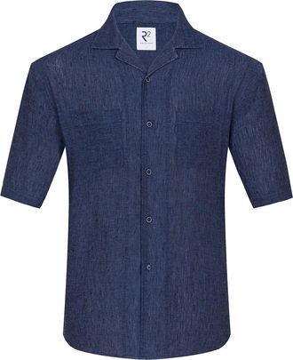 R2 Navy linnen korte mouw R2 Amsterdam Modern Fit reverskraag