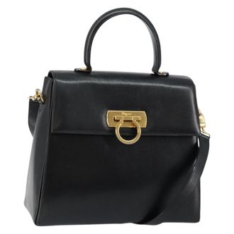 Ferragamo Gancini Convertible Top Handle Bag Leather Black Leather Handbag (Pre-Owned)
