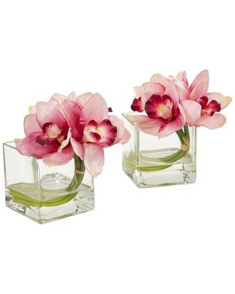 Nearly Natural Set Of 2 Cymbidium Orchid Artificial Arrangement In Glass Vase