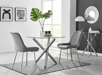 Furniturebox Selina Round Glass Chrome Leg Dining Table & Pesaro Silver Leg Chairs in Grey | Size: 4 Person