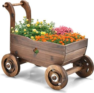 Costway Costway - Carretilla Jard&iacute;n De Madera De Flores, Carrito De Madera Maceta Con Ruedas, Asas, Orificio De Drenaje, Soporte Para Macetas De Flores, Macet