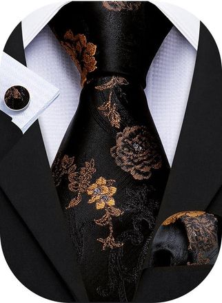 Barry.Wang Black Gold Tie Mens Silk Floral Necktie Pocket Square Cufflinks Set Wedding Party Prom