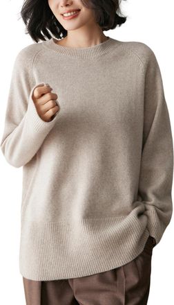 Dissa Women Cashmere Jumper Beige Crewneck Knitted Jumper Long Sleeve Relaxed Cashmere&Wool Thick Plain Ladies Sweater,UK 10,MY25224