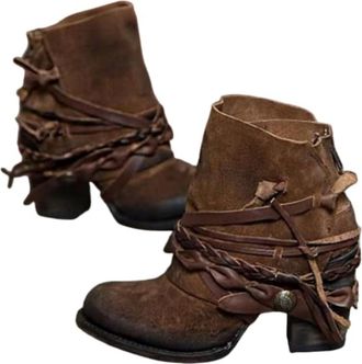 Generic Suede Ankle Boots Women Vintage Block Heels Mid Calf Boots Back Zipper Fashion Western Cowboy Chunky Motorcycle Leather Booties Comfortable Walking Sh