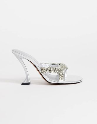Topshop Natasha - Sandali stile sabot con tacco alto color argento decorati-Marrone