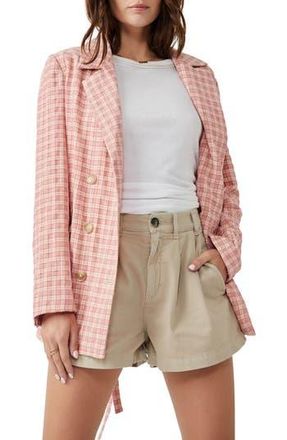 Free People Olivia Tie Waist Gingham Double Breasted Blazer in Pink at Nordstrom Rack, Size X-Small