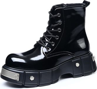 Generic Mens Patent Leather Short Boots with Side Zipper Chunky Heel Platform Biker Boots Lace Up Punk Boot,Black Single Lining,5.5 UK