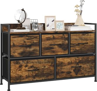 HOMCOM C&oacute;moda De Tela De Estilo Industrial Con 5 Cajones Y Estructura Met&aacute;lica, Ideal Para El Sal&oacute;n O La Entrada, 98 X 29 X 63 Cm, Color Marr&oacute;n R&uacute;stico