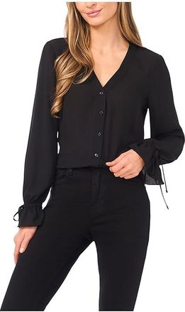 CeCe by Cynthia Steffe V-Neck Button Front Long Sleeve Top Womens Clothing Rich Black : SM, Polyester