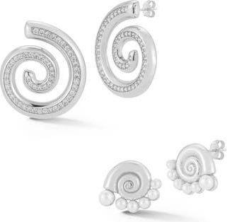 Glaze Jewelry Assorted 2-Pack Cubic Zirconia Pav&eacute; Shell & Freshwater Pearl Stud Earrings in Silver at Nordstrom Rack