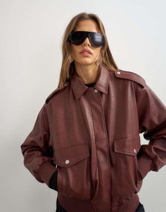 Topshop bomber oversize in pelle sintetica bordeaux-Rosso