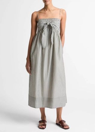 Vince Gingham Cotton-Silk Tie Smocked Dress In Off White/smoke