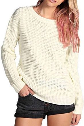 Crazy Girls Womens Ladies Baggy Long Sleeve Knitted Plain Chunky Top Sweater Jumper S-XL (16-18, Cream)