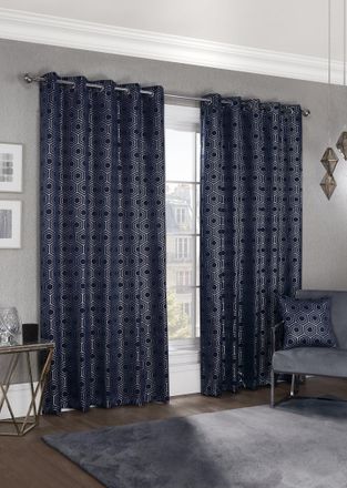 TJ Hughes Hartford - Woven Thermal Blackout Eyelet Curtains in Navy - TJ Hughes Black