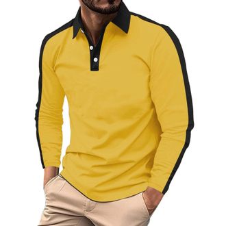 Generic Long Sleeve Polo Shirts for Men Lightweight Breathable Jumper Casual Textured Golf T-Shirt Outdoor Fishing Running Gym Shirts, Yellow, XL