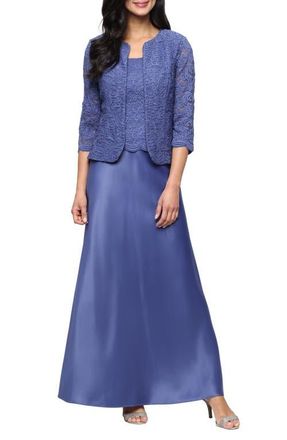 Alex Evenings Embroidered Lace Mock Two-Piece Gown with Jacket in Cornflower at Nordstrom, Size 12P