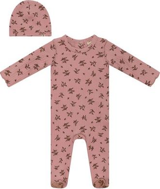 Fragile Ribbed Flower Print Romper with Hat in Pink/cognac at Nordstrom, Size 12M