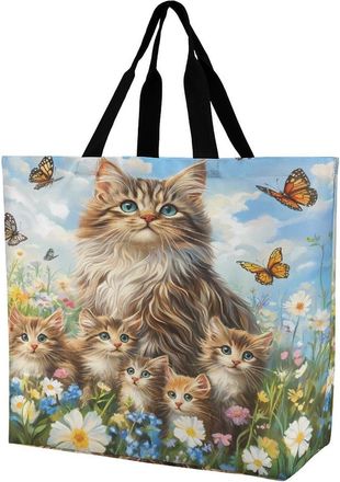Generic Cats Cute Butterfly Large Reusable Shopping Bag Lightweight Foldable Tote Bags Washable Shoulder Handbag