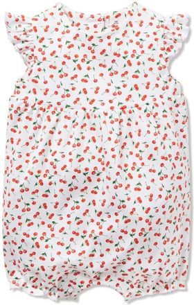 Petite Plume Cherry Print Pima Cotton Romper in White at Nordstrom, Size 18-24M