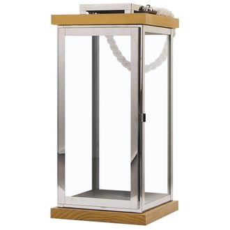 Beliani Linterna Portavelas De Madera Clara Y Metal Plateado 41 Cm Candelabro Con Asa De Cuerda Borneo