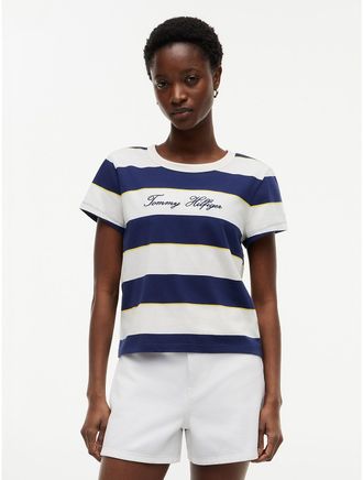 Tommy Hilfiger Womens Embroidered Script Logo Striped T-Shirt - White - XXL