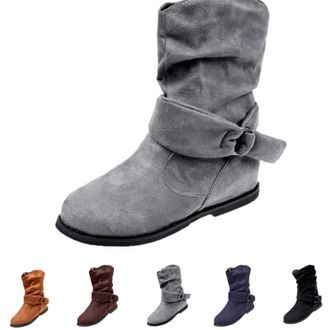 Generic Slouch Boots Flat Boots for Women UK Fold Over Boot Mid Calf Boot Women Side Zipper Ladies Cowgirl Booties Slip on Slouch Round Toe Suede Vintage Flat