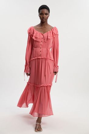 Karen Millen Womens Georgette Ruffle Woven Maxi Dress - Coral - Size 10 UK