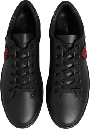 Dolce & Gabbana Womens Black Leather Crystal Heart Sneakers Shoes Calf
