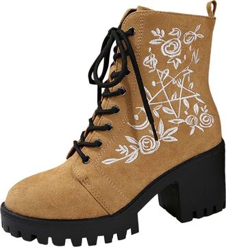 Generic Womens Ankle Boots Lace-Up Chunky Heel Platform Sole Round Toe Embroidered Combat Boots with Side Zipper Booties Casual Shoes Autumn Winter size 5.5