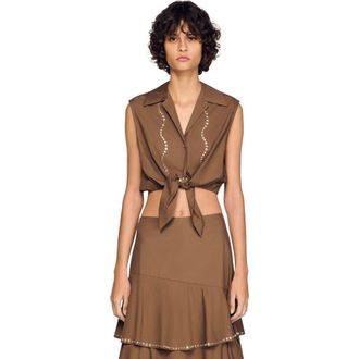 Sandro Rhinestone cropped shirt in Brown at Nordstrom, Size X-Large