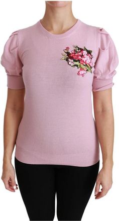 Dolce & Gabbana Blouse met ronde hals en korte mouwen - Dames - T-shirts - Roze - XL - Wol - Tops