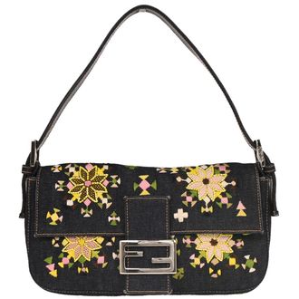 Fendi Baguette Bag Beaded Jersey With Lizard Navy Denim_Jeans,Leather,Beads Handbag (Pre-Owned)