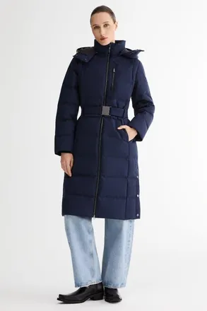 Orolay Celeste Long Hooded Belted Down Coat in Navy at Nordstrom, Size X-Large