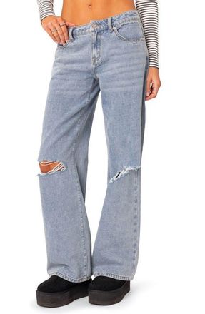 Edikted Debbie Ripped Low Rise Wide Leg Jeans in Light-Blue at Nordstrom, Size X-Small