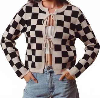 So Me Tie Front Checkered Knit Cardigan In Black White