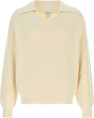 Bottega Veneta White V-Neck Ribbed Sweater